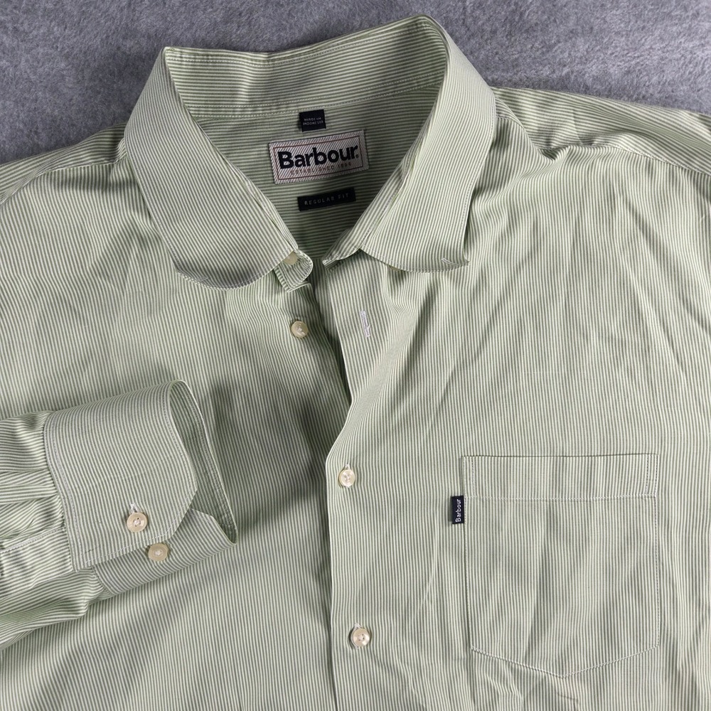 Barbour Button Down Shirt Mens XL Green White Striped Regular Fit Long Sleeve